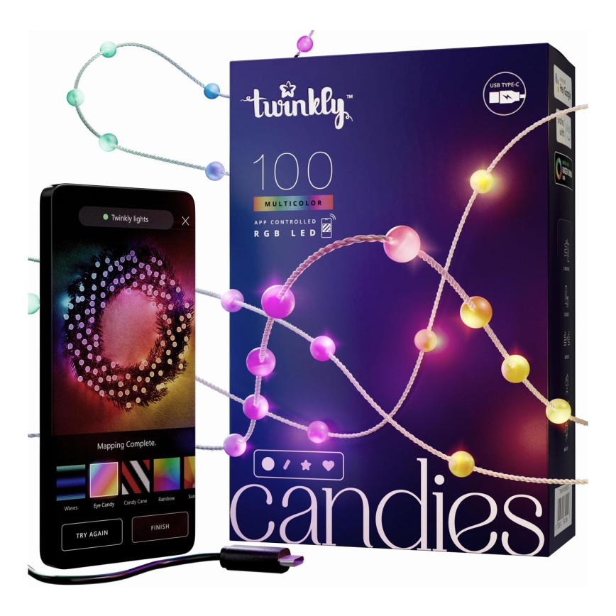 Twinkly - LED RGB Dimming Χριστουγεννιάτικη φωτεινή αλυσίδα CANDIES 100xLED 8 m USB Wi-Fi