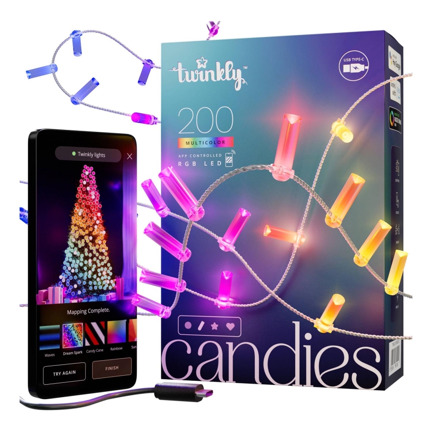Twinkly - LED RGB Dimming Χριστουγεννιάτικη φωτεινή αλυσίδα CANDIES 200xLED 14 m USB Wi-Fi