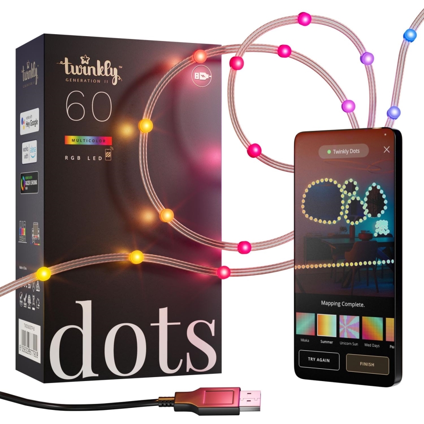 Twinkly - LED RGB Ρυθμιζόμενη χριστουγεννιάτικη αλυσίδα DOTS 60xLED 7 m USB Wi-Fi