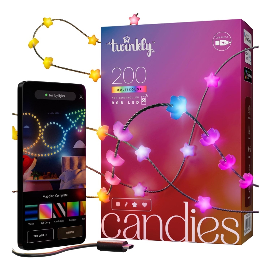 Twinkly -LED RGΒ Χριστουγεννιάτικα λαμπάκια CANDIES 200xLED 14 m USB Wi-Fi