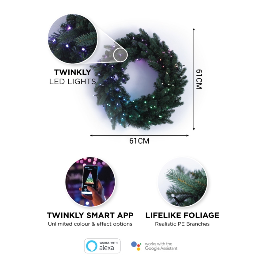 Twinkly - LED RGB Dimming Χριστουγεννιάτικο στεφάνι PRE-LIT WREATH 50xLED διάμετρος 61cm Wi-Fi
