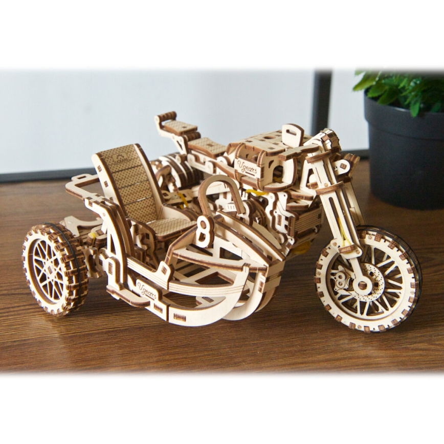 Ugears - 3D ξύλινο μηχανικό παζλ Scrambler μοτοσικλέτα με καρότσα