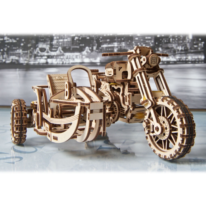 Ugears - 3D ξύλινο μηχανικό παζλ Scrambler μοτοσικλέτα με καρότσα