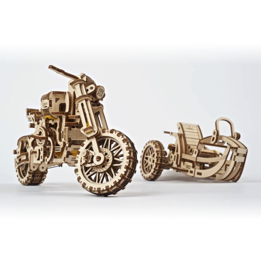 Ugears - 3D ξύλινο μηχανικό παζλ Scrambler μοτοσικλέτα με καρότσα