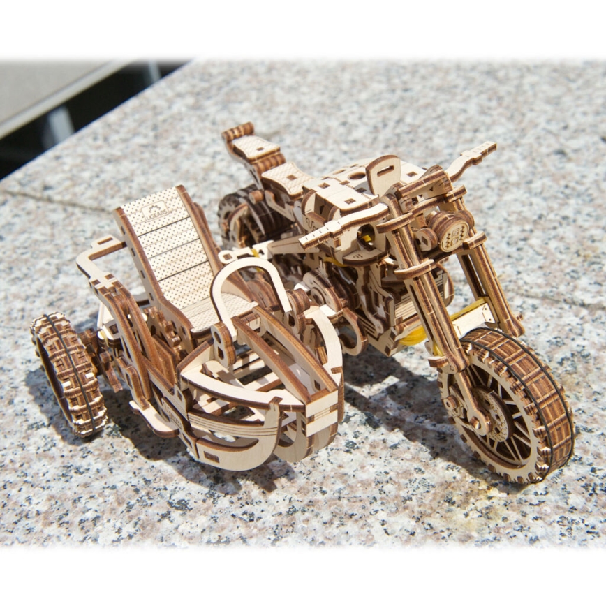 Ugears - 3D ξύλινο μηχανικό παζλ Scrambler μοτοσικλέτα με καρότσα