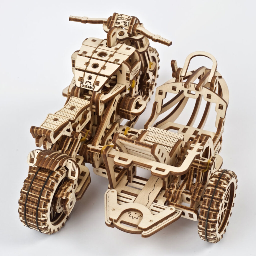 Ugears - 3D ξύλινο μηχανικό παζλ Scrambler μοτοσικλέτα με καρότσα