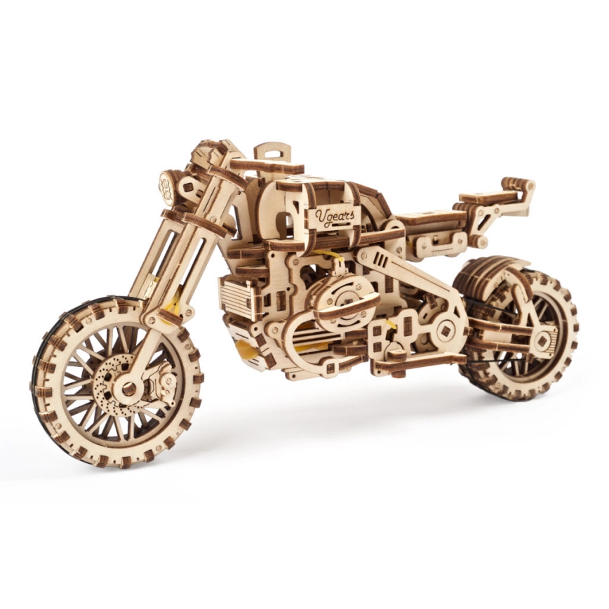 Ugears - 3D ξύλινο μηχανικό παζλ Scrambler μοτοσικλέτα με καρότσα