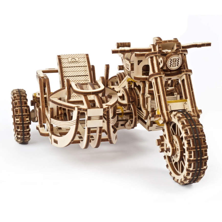 Ugears - 3D ξύλινο μηχανικό παζλ Scrambler μοτοσικλέτα με καρότσα