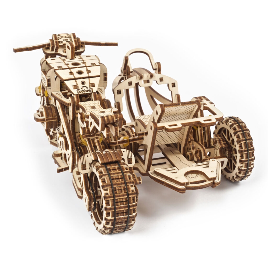 Ugears - 3D ξύλινο μηχανικό παζλ Scrambler μοτοσικλέτα με καρότσα