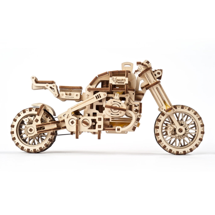 Ugears - 3D ξύλινο μηχανικό παζλ Scrambler μοτοσικλέτα με καρότσα