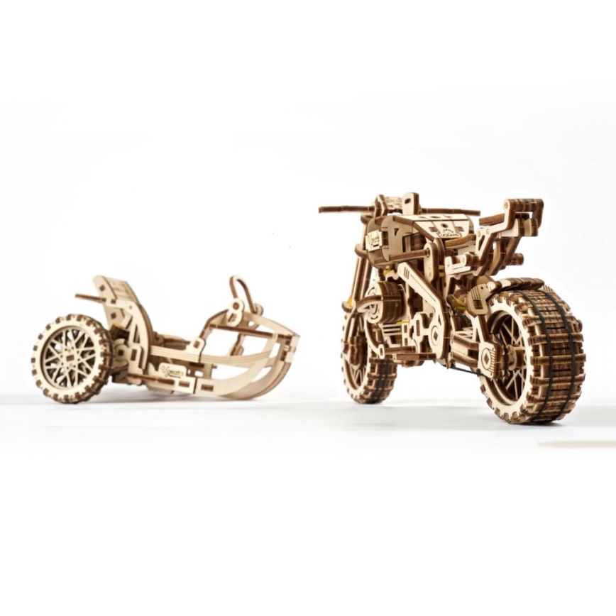 Ugears - 3D ξύλινο μηχανικό παζλ Scrambler μοτοσικλέτα με καρότσα