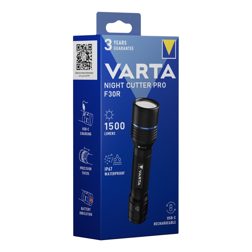Varta 18921101111 - Επαναφορτιζόμενος φακός LED NIGHT CUTTER PRO F30R LED/USB IP67 2600 mAh