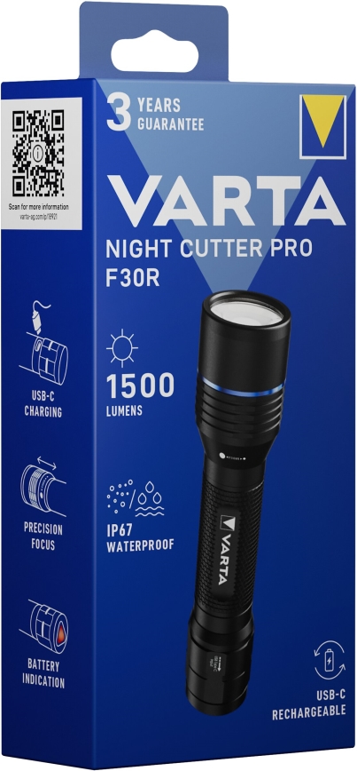 Varta 18921101111 - Επαναφορτιζόμενος φακός LED NIGHT CUTTER PRO F30R LED/USB IP67
