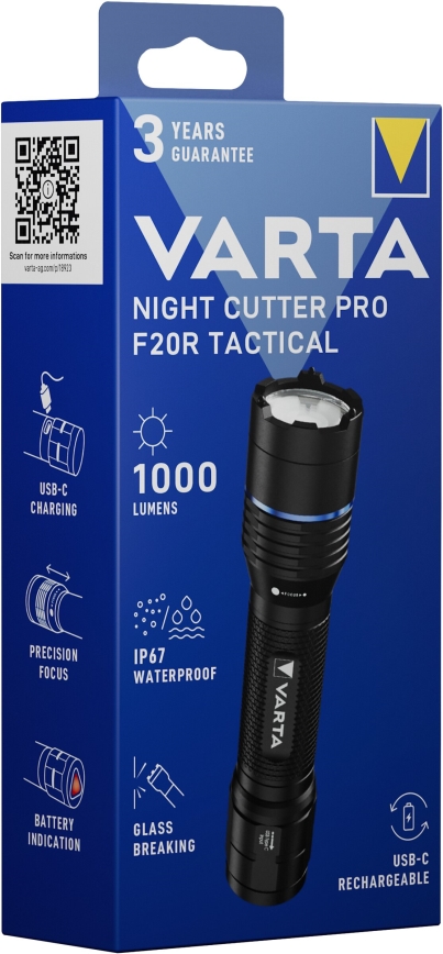 Varta 18923101111 - LED Τακτικός επαναφορτιζόμενος φακός NIGHT CUTTER PRO F20R LED/USB