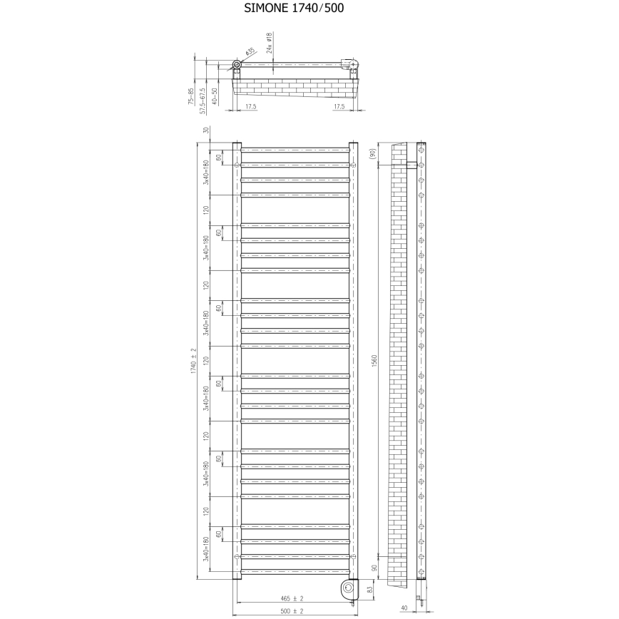 Vertaduro - Καλοριφέρ μπάνιου με θερμοστάτη SIMONE 600W 174x50 cm λευκό
