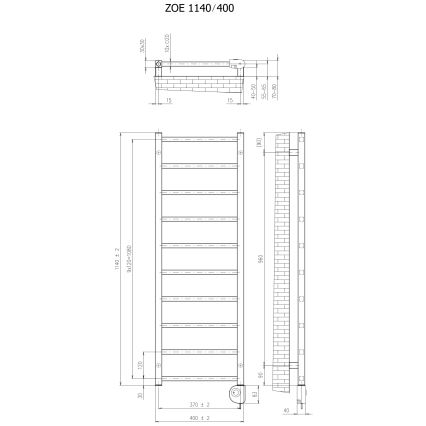 Vertaduro - Καλοριφέρ μπάνιου με θερμοστάτη ZOE 400W 114x40 cm σε μαύρο χρώμα