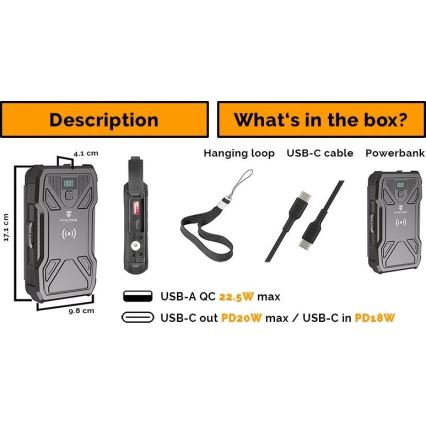 Viking - Power Bank με ενσωματωμένο LED φακό, ασύρματη φόρτιση και ηλιακό πάνελ Power Delivery 22,5 W/10000 mAh