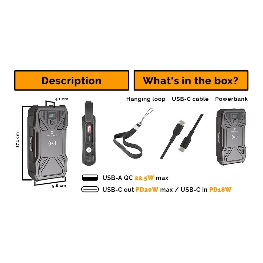 Viking - Power Bank με ενσωματωμένο LED φακό, ασύρματη φόρτιση και ηλιακό πάνελ Power Delivery 22,5 W/10000 mAh