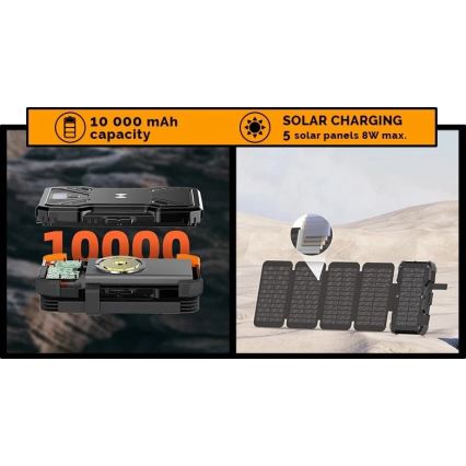 Viking - Power Bank με ενσωματωμένο LED φακό, ασύρματη φόρτιση και ηλιακό πάνελ Power Delivery 22,5 W/10000 mAh