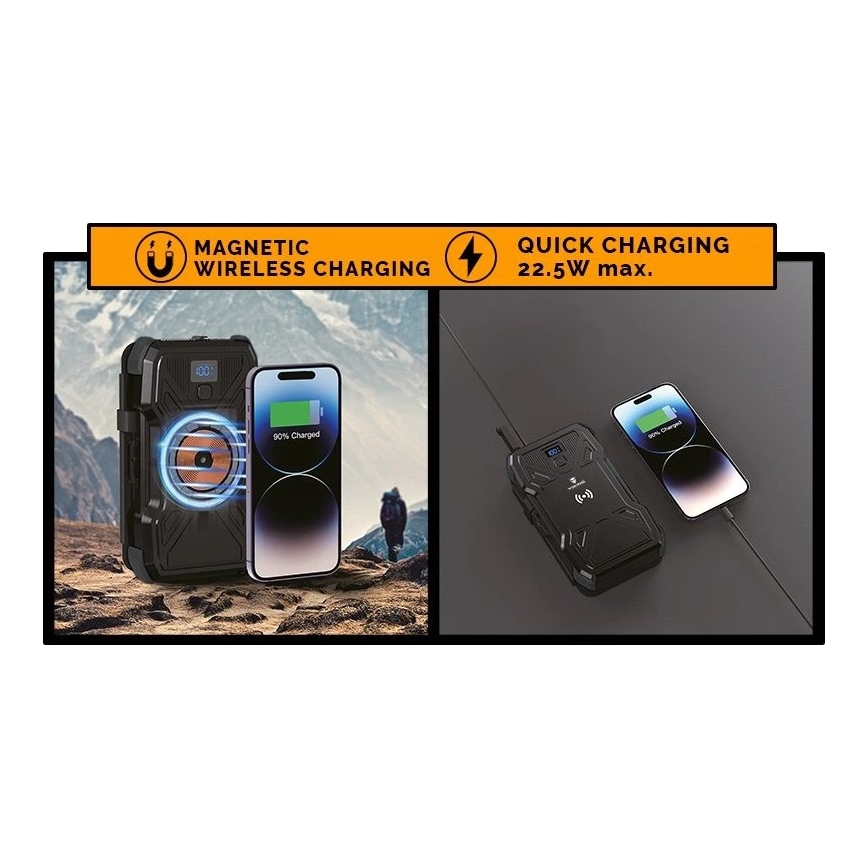 Viking - Power Bank με ενσωματωμένο LED φακό, ασύρματη φόρτιση και ηλιακό πάνελ Power Delivery 22,5 W/10000 mAh