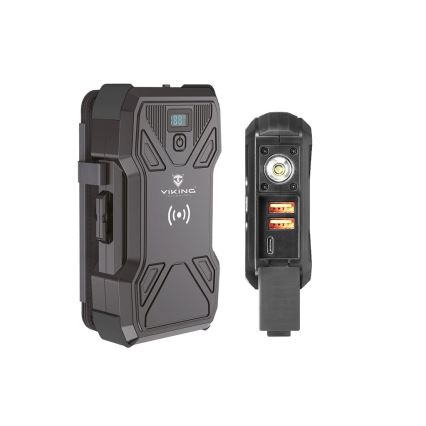 Viking - Powerbank με ενσωματωμένο LED φακό, ασύρματη φόρτιση και ηλιακό πάνελ Power Delivery 22,5W/30000 mAh