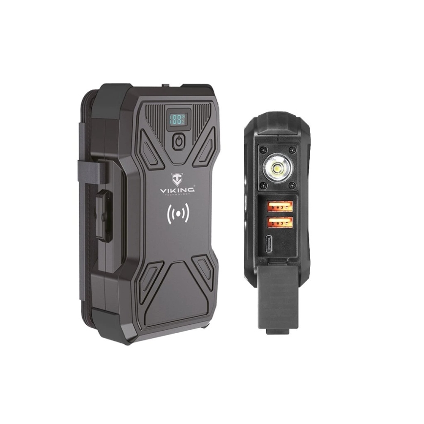Viking - Powerbank με ενσωματωμένο LED φακό, ασύρματη φόρτιση και ηλιακό πάνελ Power Delivery 22,5W/30000 mAh