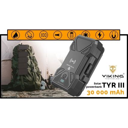Viking - Powerbank με ενσωματωμένο LED φακό, ασύρματη φόρτιση και ηλιακό πάνελ Power Delivery 22,5W/30000 mAh