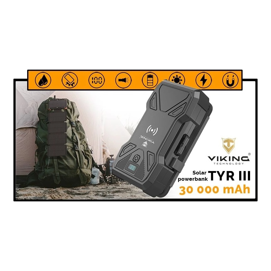 Viking - Powerbank με ενσωματωμένο LED φακό, ασύρματη φόρτιση και ηλιακό πάνελ Power Delivery 22,5W/30000 mAh