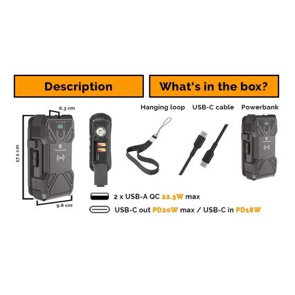 Viking - Powerbank με ενσωματωμένο LED φακό, ασύρματη φόρτιση και ηλιακό πάνελ Power Delivery 22,5W/30000 mAh