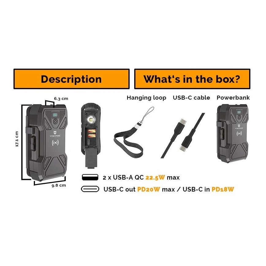 Viking - Powerbank με ενσωματωμένο LED φακό, ασύρματη φόρτιση και ηλιακό πάνελ Power Delivery 22,5W/30000 mAh
