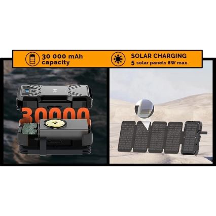 Viking - Powerbank με ενσωματωμένο LED φακό, ασύρματη φόρτιση και ηλιακό πάνελ Power Delivery 22,5W/30000 mAh