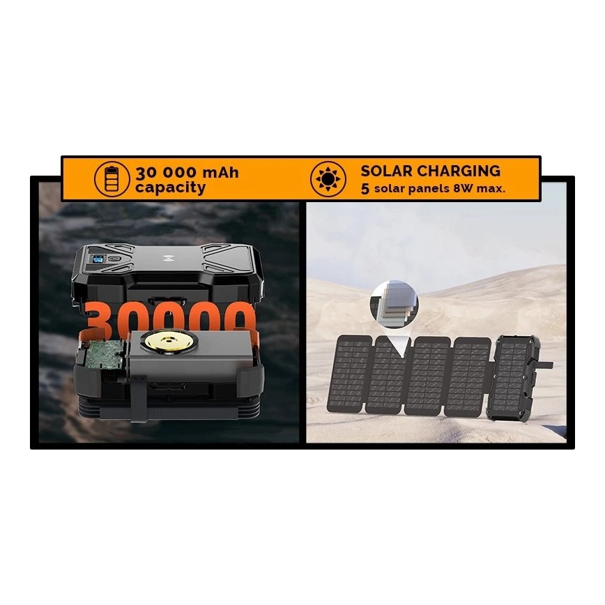 Viking - Powerbank με ενσωματωμένο LED φακό, ασύρματη φόρτιση και ηλιακό πάνελ Power Delivery 22,5W/30000 mAh
