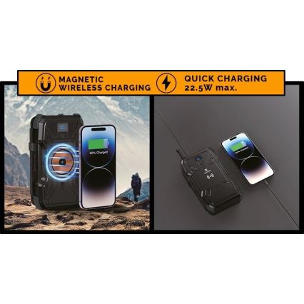 Viking - Powerbank με ενσωματωμένο LED φακό, ασύρματη φόρτιση και ηλιακό πάνελ Power Delivery 22,5W/30000 mAh