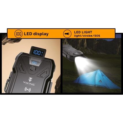 Viking - Powerbank με ενσωματωμένο LED φακό, ασύρματη φόρτιση και ηλιακό πάνελ Power Delivery 22,5W/30000 mAh