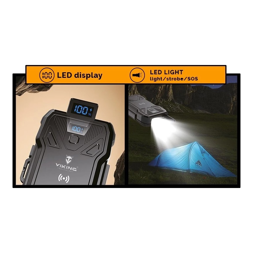 Viking - Powerbank με ενσωματωμένο LED φακό, ασύρματη φόρτιση και ηλιακό πάνελ Power Delivery 22,5W/30000 mAh