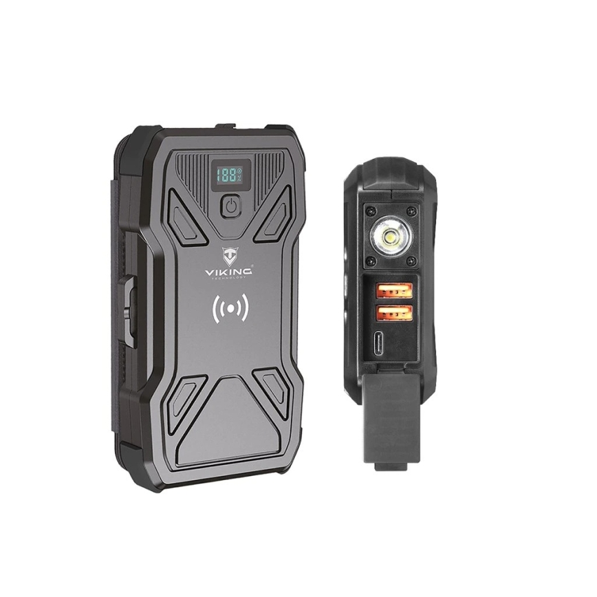 Viking - Φορητή μπαταρία με φακό LED, ασύρματη φόρτιση και ηλιακό πάνελ Power Delivery 22,5W/20000 mAh