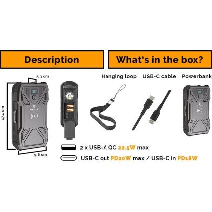 Viking - Φορητή μπαταρία με φακό LED, ασύρματη φόρτιση και ηλιακό πάνελ Power Delivery 22,5W/20000 mAh