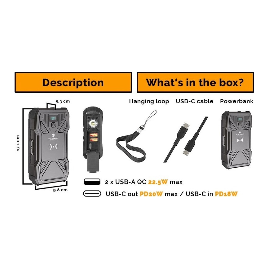 Viking - Φορητή μπαταρία με φακό LED, ασύρματη φόρτιση και ηλιακό πάνελ Power Delivery 22,5W/20000 mAh