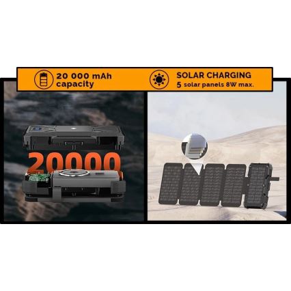 Viking - Φορητή μπαταρία με φακό LED, ασύρματη φόρτιση και ηλιακό πάνελ Power Delivery 22,5W/20000 mAh