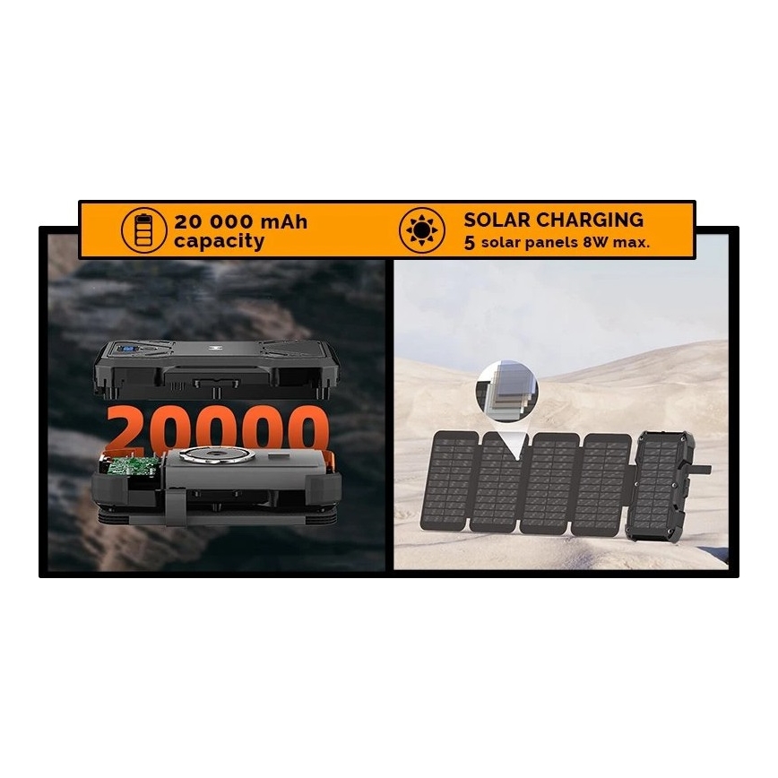 Viking - Φορητή μπαταρία με φακό LED, ασύρματη φόρτιση και ηλιακό πάνελ Power Delivery 22,5W/20000 mAh