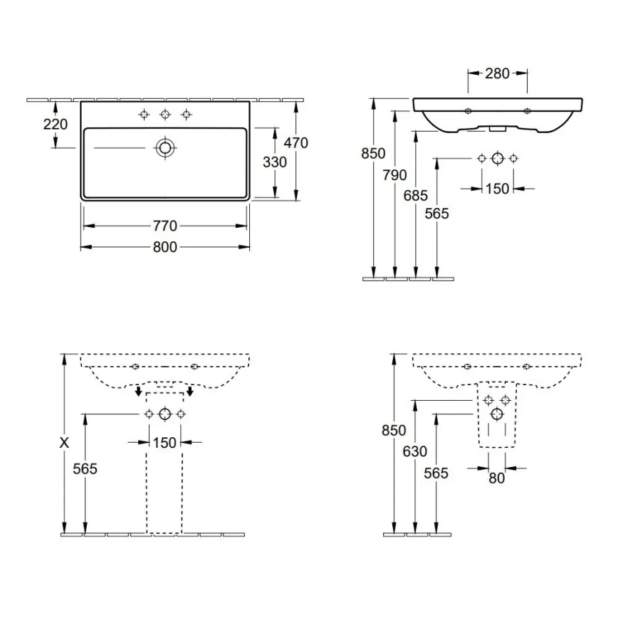 Villeroy & Boch 41568001 - Επιτοίχιος νιπτήρας AVENTO 80x47 cm κεραμικός/λευκός