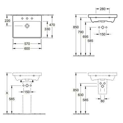 Villeroy & Boch 41586001 - Επιτοίχιος νιπτήρας AVENTO 60x47 cm κεραμικός/λευκός