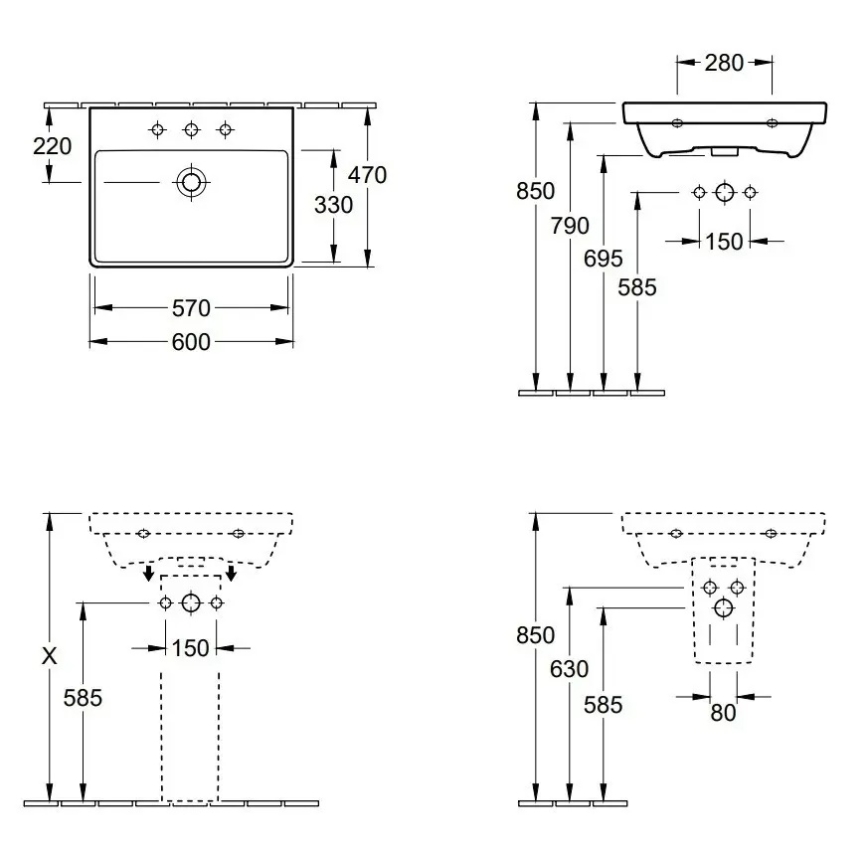 Villeroy & Boch 41586001 - Επιτοίχιος νιπτήρας AVENTO 60x47 cm κεραμικός/λευκός