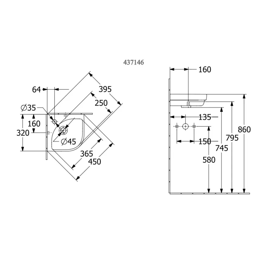 Villeroy & Boch 43714601 - Γωνιακός επιτοίχιος νιπτήρας SUBWAY 3.0 32x32 cm κεραμικός/λευκός