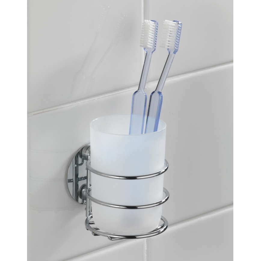 WENKO 18779100 - Ποτηράκι για οδοντόβουρτσες TURBO-LOC, στρογγυλό ατσάλινο, 7,5x9 cm, γυαλιστερό χρώμιο/λευκό
