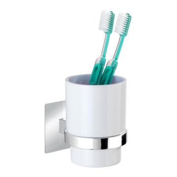 WENKO 23847800-Ποτηράκι οδοντόβουρτσας TURBO-LOC QUADRO ED. 7x9,5 cm γυαλιστερό χρώμιο/λευκό