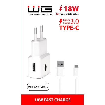 Winner Group- Αντάπτορας ταχείας φόρτισης 1xUSB-A PD 18W + Καλώδιο USB USB-C / USB-A 1m