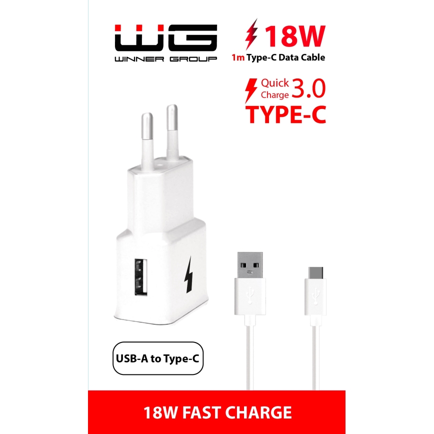 Winner Group- Αντάπτορας ταχείας φόρτισης 1xUSB-A PD 18W + Καλώδιο USB USB-C / USB-A 1m
