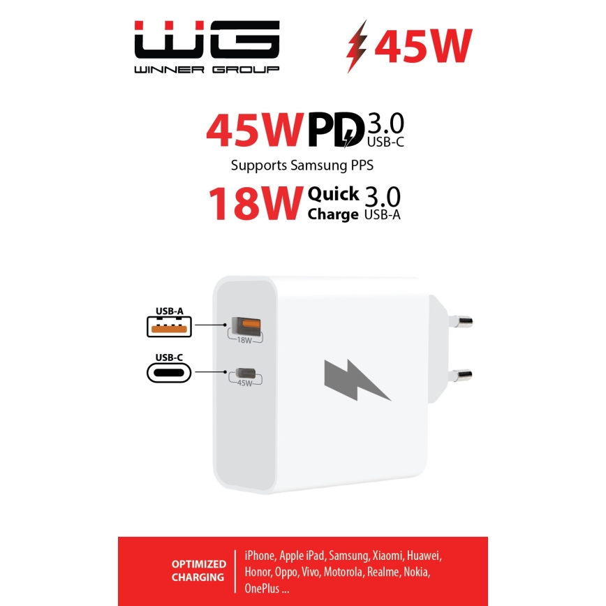Winner Group - Αντάπτορας ταχείας φόρτισης 1xUSB-C + 1xUSB-A Power Delivery 45W λευκό