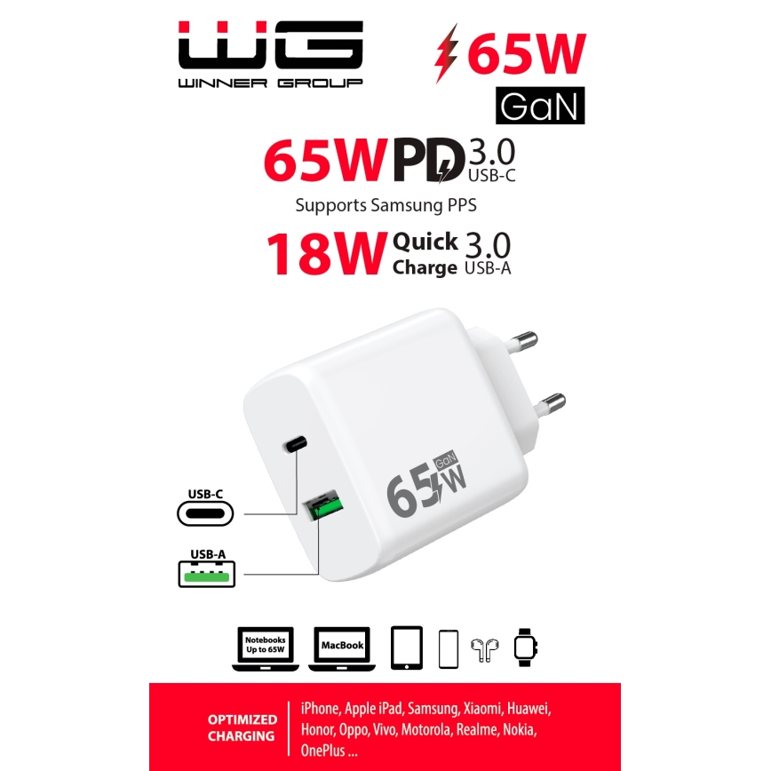 Winner Group - Αντάπτορας ταχείας φόρτισης 1xUSB-C + 1xUSB-A Power Delivery 65W λευκό